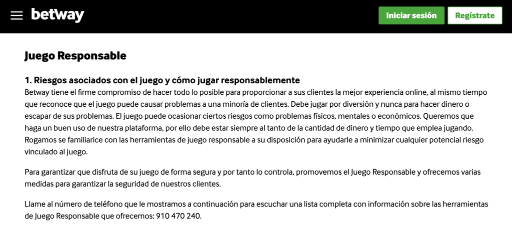 juego responsable en Betway